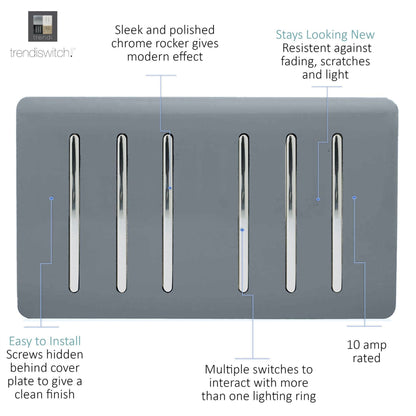 Trendi Switch 6 Gang 1 or 2 Way Light Switch in Warm Grey