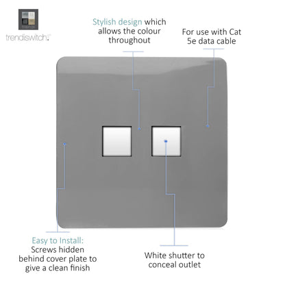 Trendi Switch 2 Gang RJ45 Cat 5e PC Ethernet Socket in Light Grey