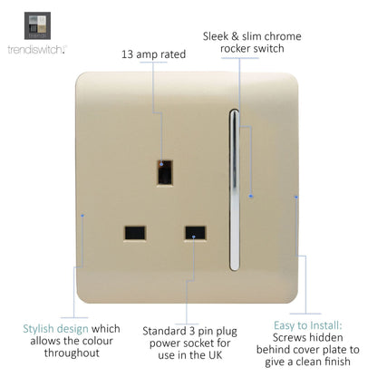 Trendi Switch 1 Gang 13 Amp Switched Plug Socket in Champagne Gold