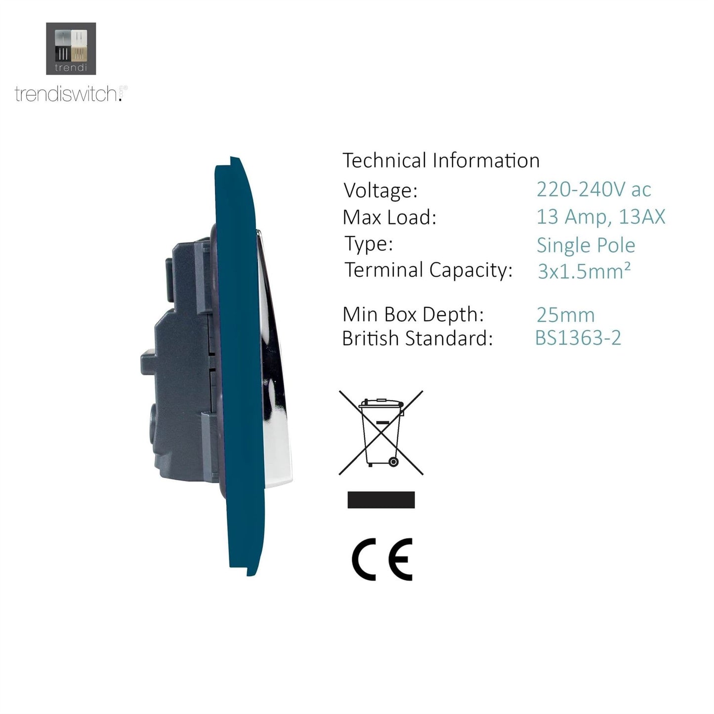 Trendi Switch 1 Gang 13 Amp Switched Plug Socketin Midnight Blue