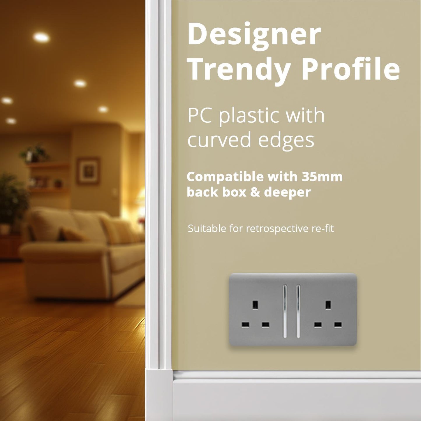Trendi Switch 2 Gang Long Switched Plug Socketin Cool Grey
