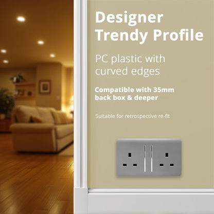 Trendi Switch 2 Gang Long Switched Plug Socket in Cool Grey