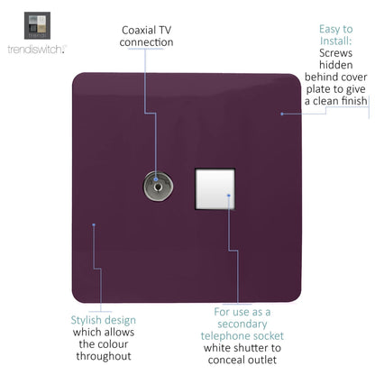 Trendi Switch 2 Gang Female TV Co-Axial & Telephone Slave Sockets in Plum Purple