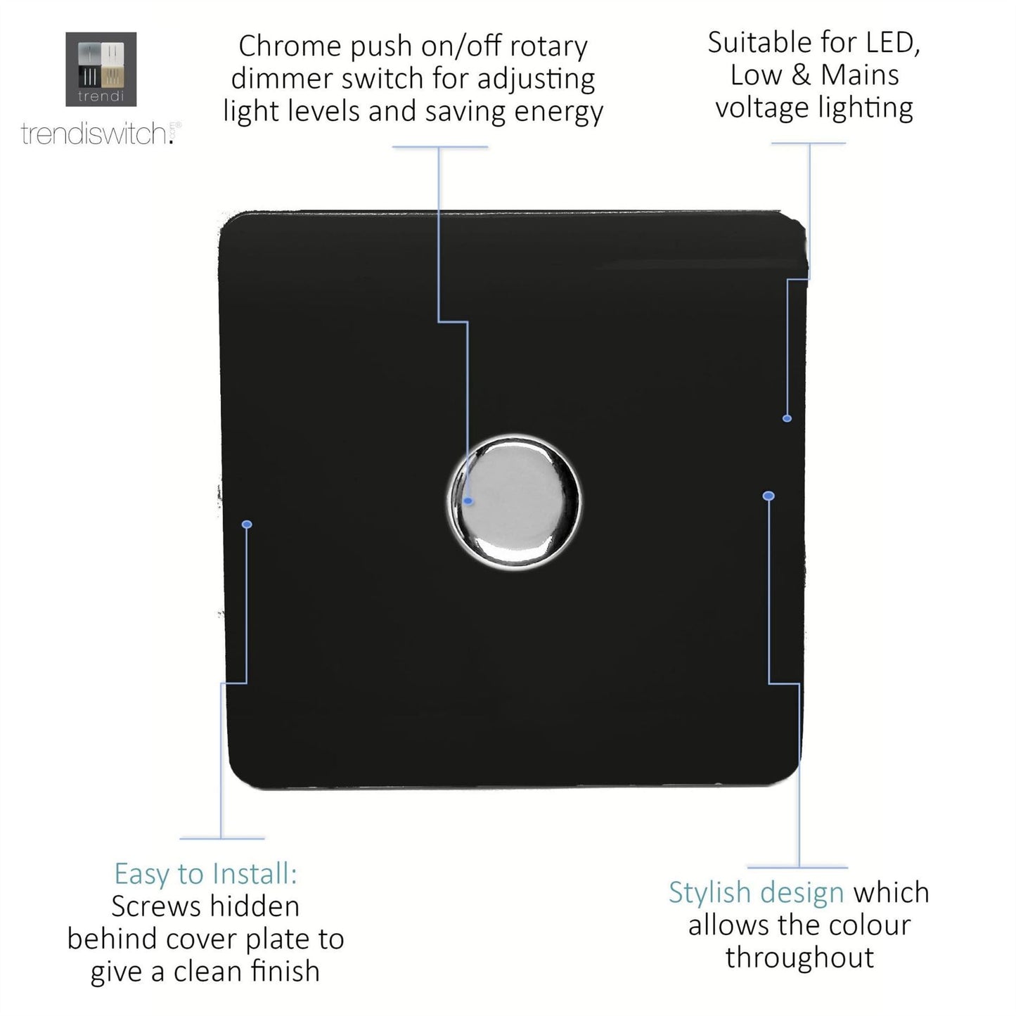 Trendi Switch 1 Gang 1 or 2 way 150w Rotary LED Dimmer Light Switchin Piano Black