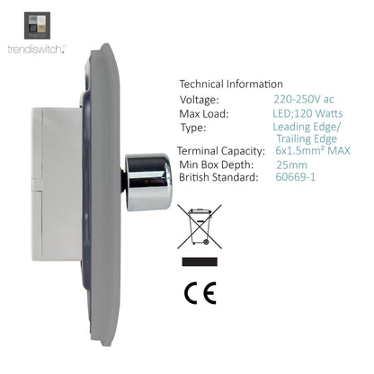 Trendi 1 Gang 2 Way 240V 100w LED Dimmer Screwless Raised Front Plate Plastic Artistic Modern Glossy 10 Amp Chrome Single Electrical Wall Light Switch in Platinum Silver - ART-LDMSI