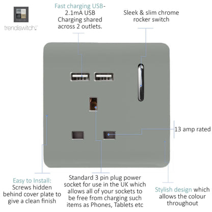 Trendi Switch 1 Gang USB 2100mA Plug Socket in Platinum Silver