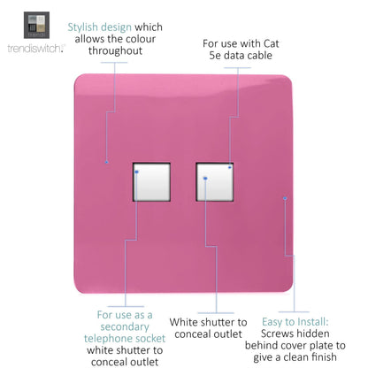 Trendi Switch 2 Gang RJ45 Cat 5e PC Ethernet & Telephone Slave Sockets in Candy Pink