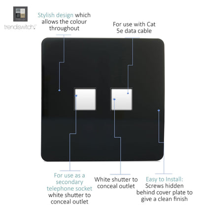 Trendi Switch 2 Gang RJ45 Cat 5e PC Ethernet & Telephone Slave Sockets in Piano Black