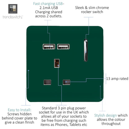 Trendi Switch 1 Gang USB 2100mA Plug Socket in Dark Forest Green