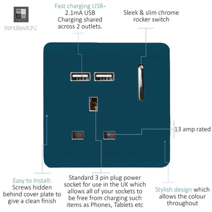 Trendi Switch 1 Gang USB 2100mA Plug Socket in Midnight Blue