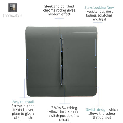 Trendi Switch 1 Gang 1 or 2 way Rocker Light Switch in Charcoal Grey