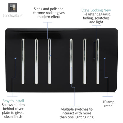 Trendi Switch 6 Gang 1 or 2 Way Light Switch in Piano Black