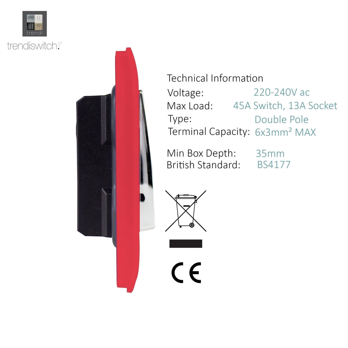 Trendi Switch 45 Amp Cooker Switch & 13 Amp Plug Socket with Neonin Strawberry Red