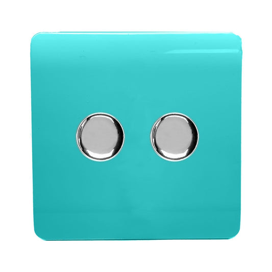 Trendi Switch 2 Gang 1 or 2 way 150w Rotary LED Dimmer Light Switchin Bright Teal