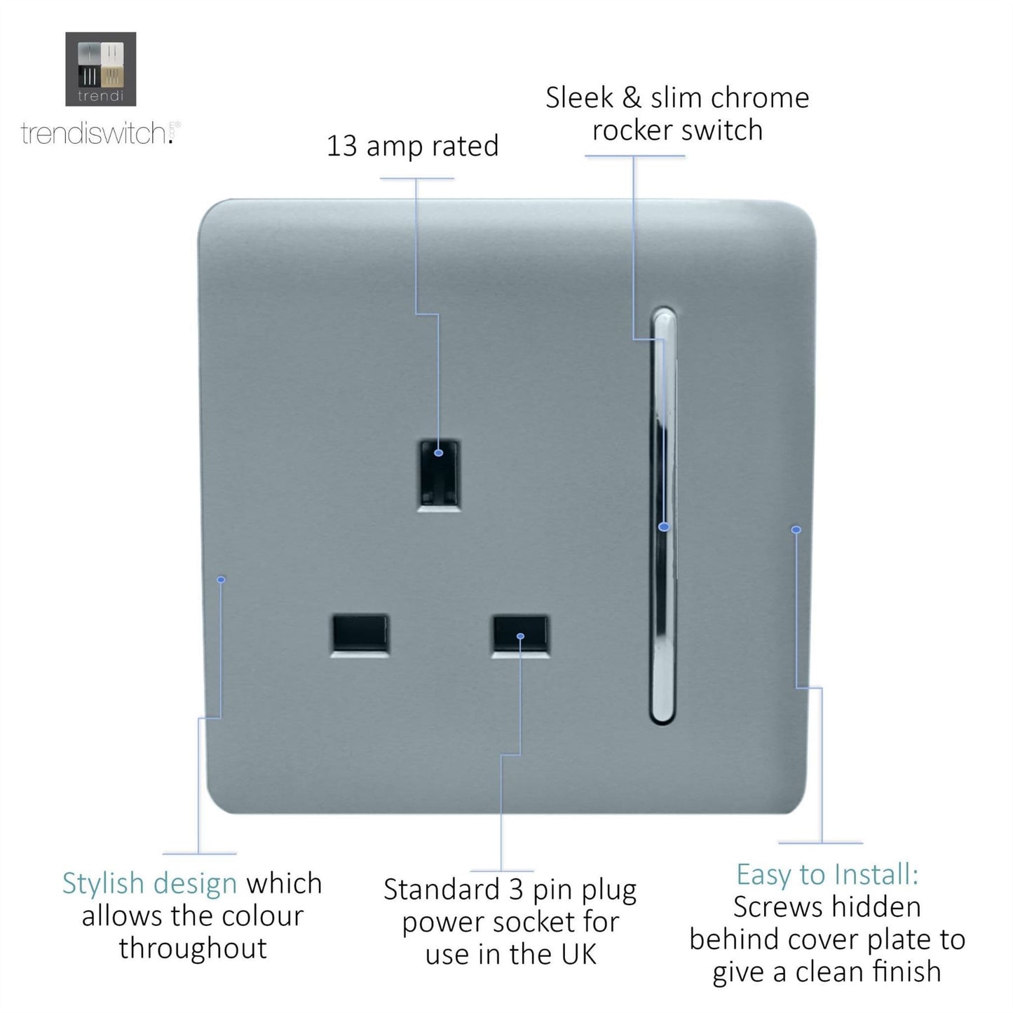 Trendi Switch 1 Gang 13 Amp Switched Plug Socketin Cool Grey