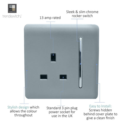 Trendi Switch 1 Gang 13 Amp Switched Plug Socket in Cool Grey
