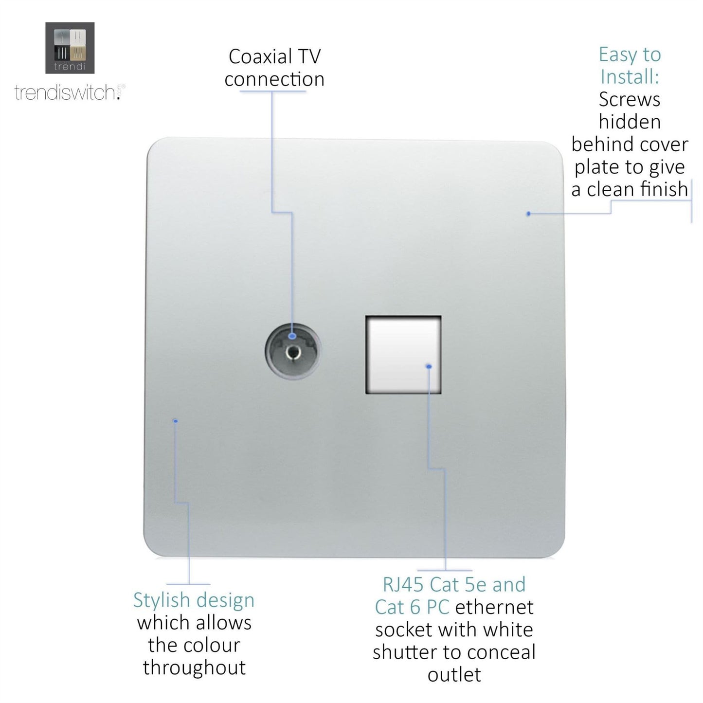 Trendi Switch 2 Gang Female TV Co-Axial & RJ45 Cat 5e PC Ethernet Socketsin Platinum Silver