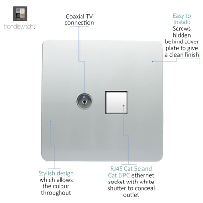 Trendi Switch 2 Gang Female TV Co-Axial & RJ45 Cat 5e PC Ethernet Sockets in Platinum Silver