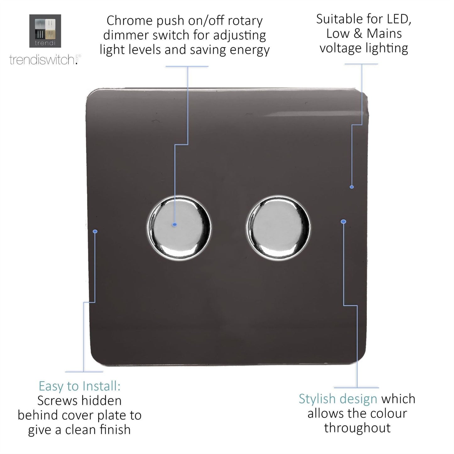 Trendi Switch 2 Gang 1 or 2 way 150w Rotary LED Dimmer Light Switchin Dark Mocha Brown