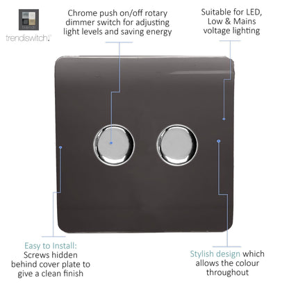 Trendi 2 Gang 2 Way 240V 100w LED Dimmer Screwless Raised Front Plate Plastic Artistic Modern Glossy 10 Amp Chrome Single Electrical Wall Light Switch in Mocha Brown - ART-2LDMDB