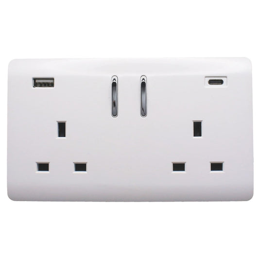 Trendi Switch 2 Gang USB 3100mA Type A & C USB Plug Socketin Ice White
