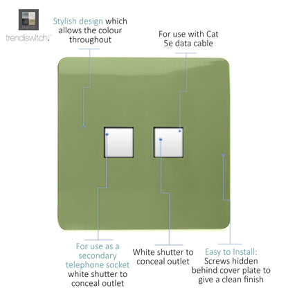 Trendi Switch 2 Gang RJ45 Cat 5e PC Ethernet & Telephone Slave Sockets in Moss Green
