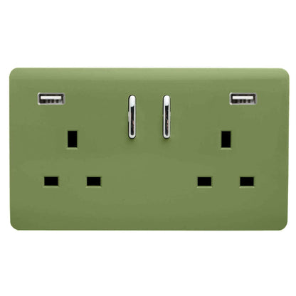 Trendi Switch 2 Gang USB 3100mA Plug Socket in Moss Green