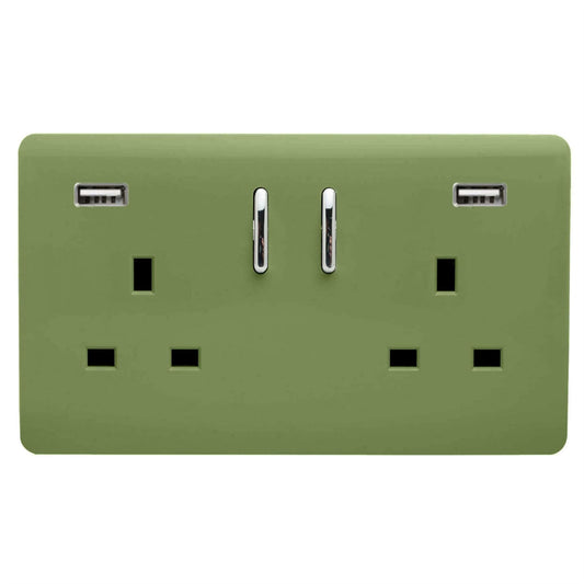 Trendi Switch 2 Gang USB 3100mA Plug Socketin Moss Green