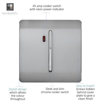 Trendi Switch 1 Gang 45 Amp Cooker Switch with Neon in Brushed Steel