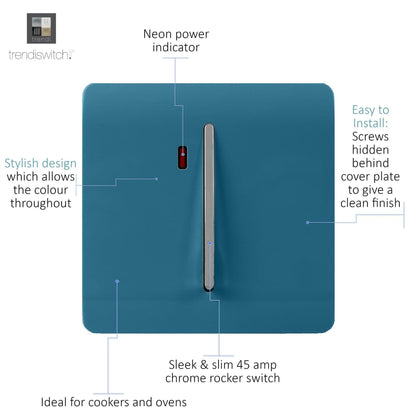 Trendi Switch 1 Gang 45 Amp Cooker Switch with Neon in Ocean Blue