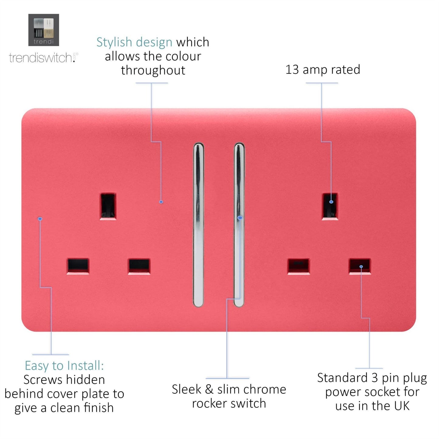 Trendi Switch 2 Gang Long Switched Plug Socket in Strawberry Red