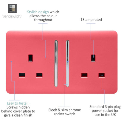 Trendi Switch 2 Gang Long Switched Plug Socket in Strawberry Red