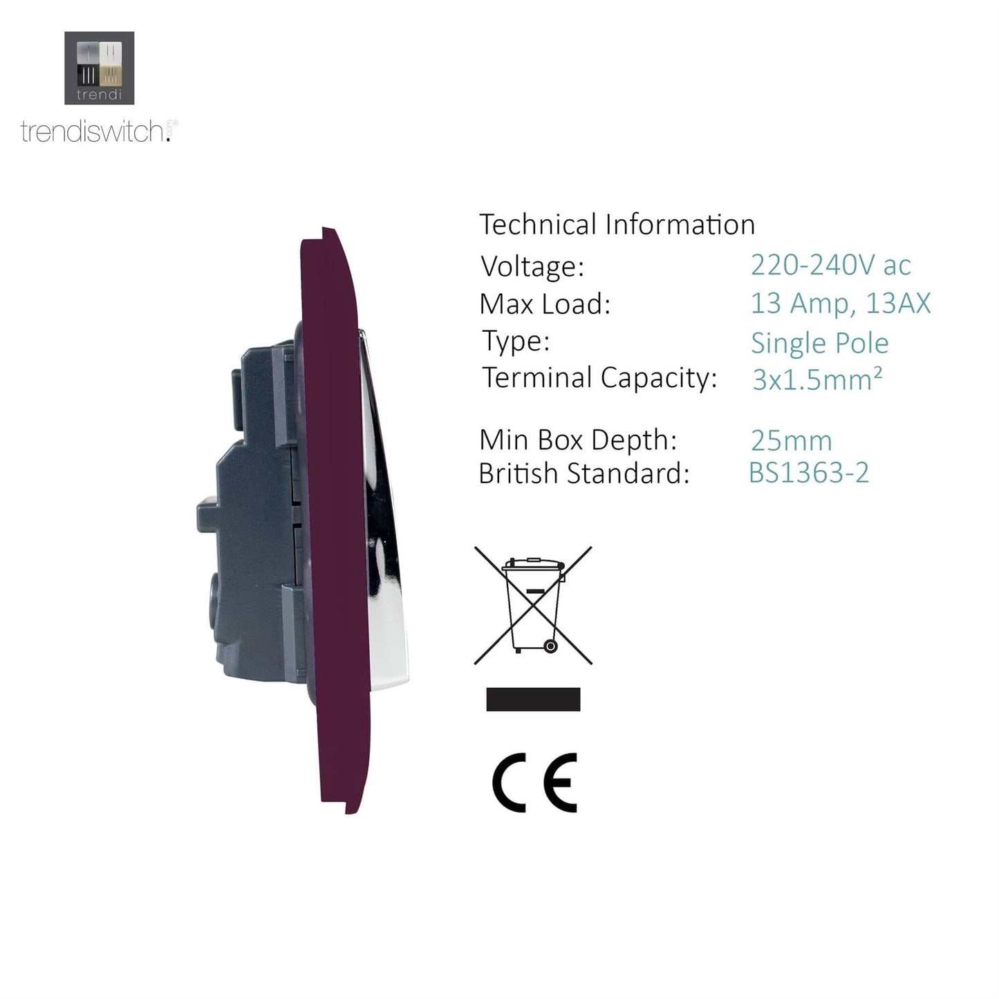 Trendi Switch 1 Gang 13 Amp Switched Plug Socketin Plum Purple