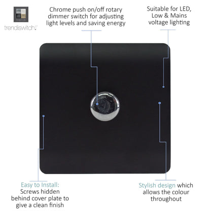 Trendi 1 Gang 2 Way 240V 100w LED Dimmer Screwless Raised Front Plate Plastic Artistic Modern Glossy 10 Amp Chrome Single Electrical Wall Light Switch in Matt Black - ART-LDMMBK