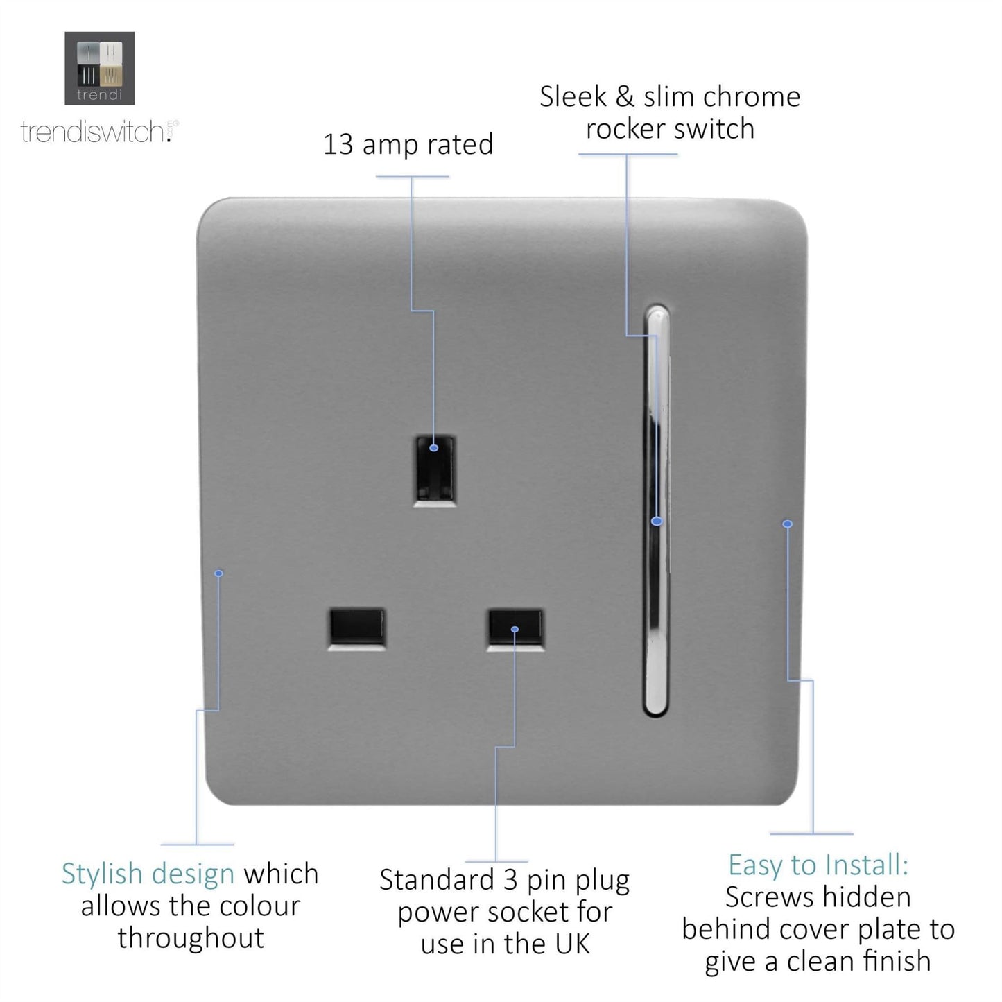 Trendi Switch 1 Gang 13 Amp Switched Plug Socketin Light Grey