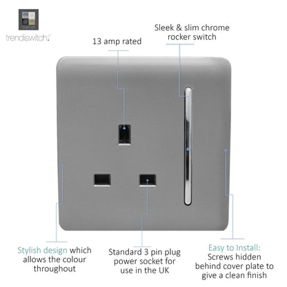 Trendi Switch 1 Gang 13 Amp Switched Plug Socket in Light Grey