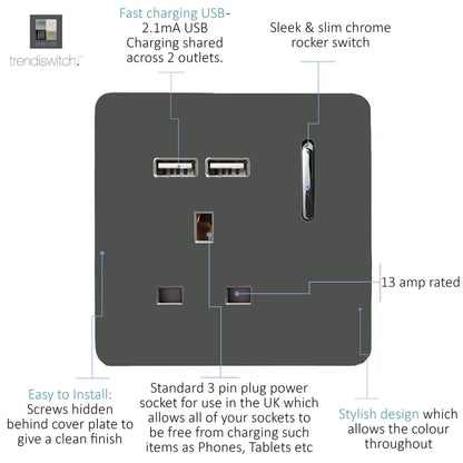 Trendi Switch 1 Gang USB 2100mA Plug Socket in Charcoal Grey