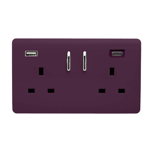 Trendi Switch 2 Gang USB 65W Type A & C USB Plug Socket in Plum Purple