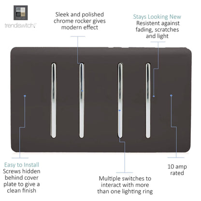 Trendi Switch 4 Gang Intermediate Rocker Light Switch in Dark Mocha Brown