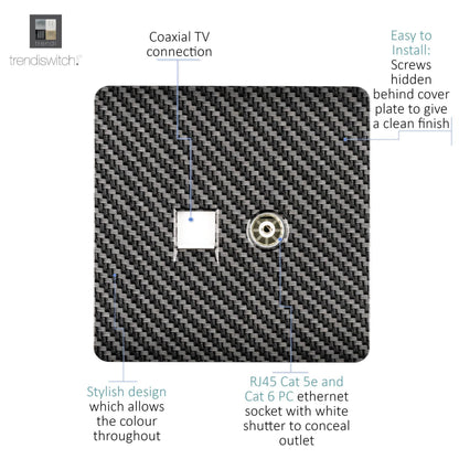 Trendi Switch 2 Gang Female TV Co-Axial & RJ45 Cat 5e PC Ethernet Sockets in Carbon Fibre
