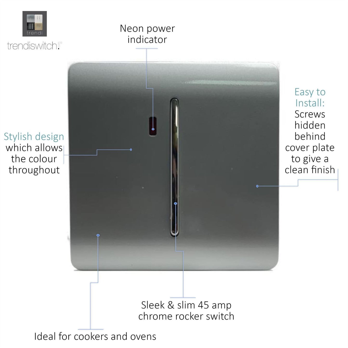 Trendi Switch 1 Gang 45 Amp Cooker Switch with Neonin Platinum Silver