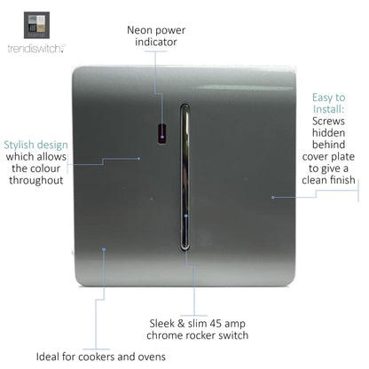 Trendi Switch 1 Gang 45 Amp Cooker Switch with Neon in Platinum Silver