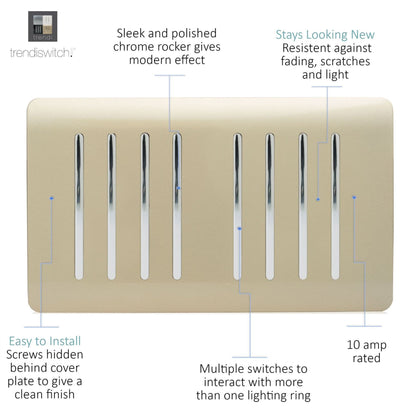 Trendi Switch 8 Gang 1 or 2 Way Light Switch in Champagne Gold