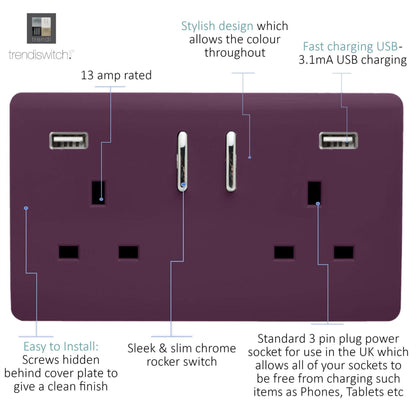 Trendi Switch 2 Gang USB 3100mA Plug Socket in Plum Purple