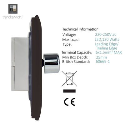 Trendi 1 Gang 2 Way 240V 100w LED Dimmer Screwless Raised Front Plate Plastic Artistic Modern Glossy 10 Amp Chrome Single Electrical Wall Light Switch in Mocha Brown - ART-LDMDB