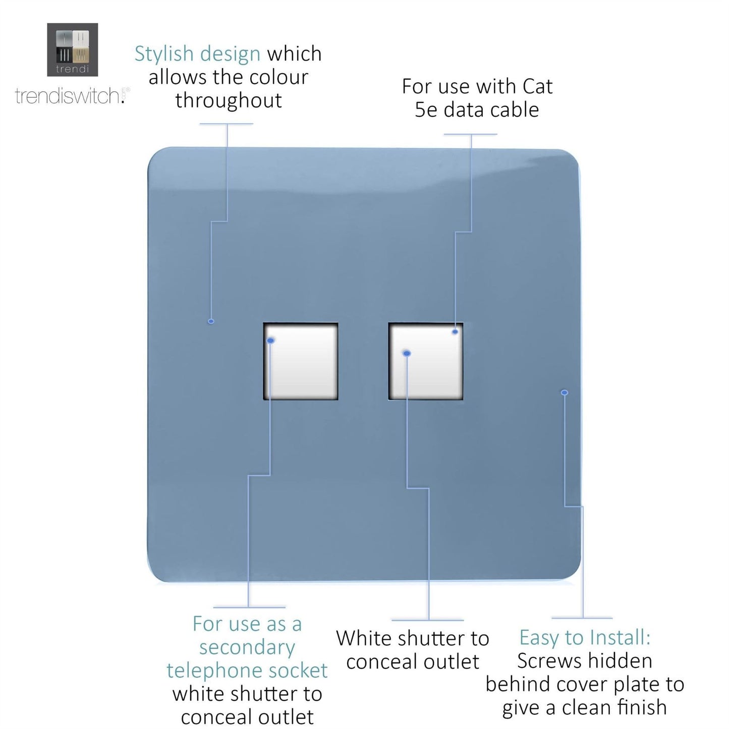 Trendi Switch 2 Gang RJ45 Cat 5e PC Ethernet & Telephone Slave Sockets in Sky Blue