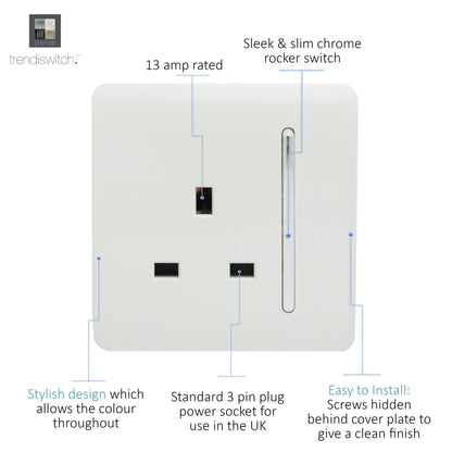 Trendi Switch 1 Gang 13 Amp Switched Plug Socket in Ice White
