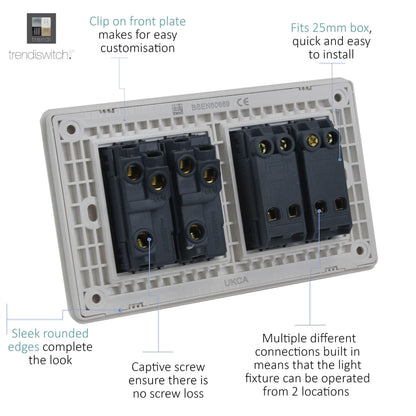 Trendi Switch 4 Gang Light Switch (2x 1 or 2 Way & 2 x Intermediate)in Platinum Silver