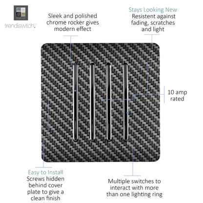 Trendi Switch 4 Gang 1 or 2 way Rocker Light Switch in Carbon Fibre