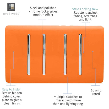 Trendi Switch 4 Gang Light Switch (2x 1 or 2 Way & 2 x Intermediate)in Sunset Orange